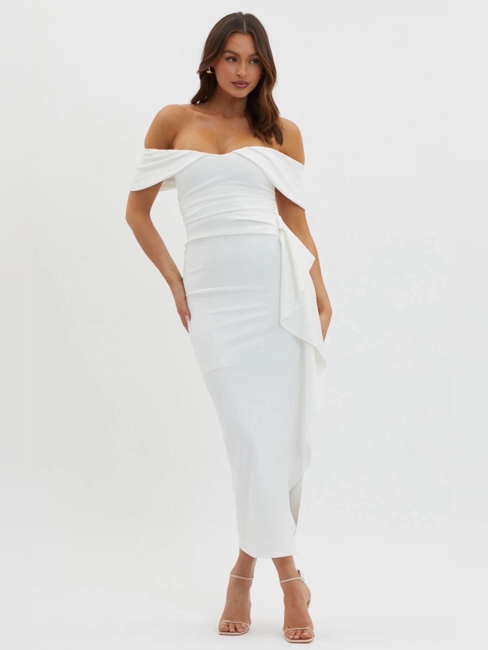 NWT Selfie Leslie Lillianne Off-Shoulder Side Ruffle Maxi Dress White Medium